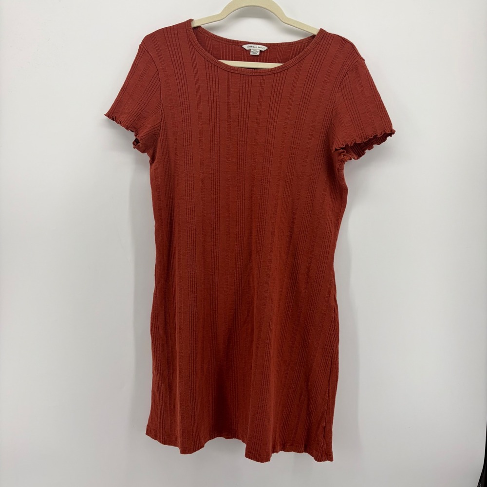 American Eagle Womens L Rust Orange T-Shirt Dress Ribbed Lettuce Trim